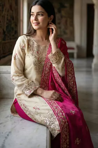 Beige silk blend embroidered palazzo set