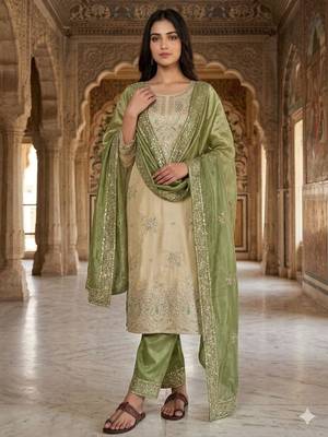 Beige silk blend embroidered palazzo set 1