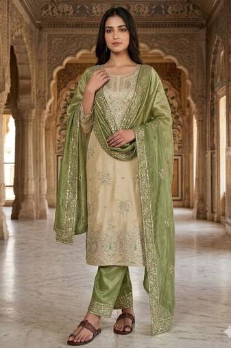 Beige silk blend embroidered palazzo set