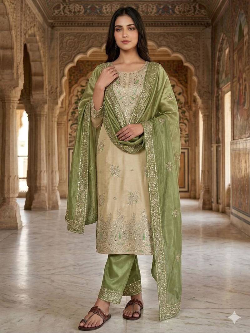 Beige silk blend embroidered palazzo set