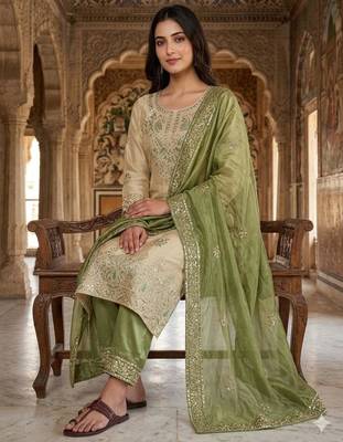Beige silk blend embroidered palazzo set 2