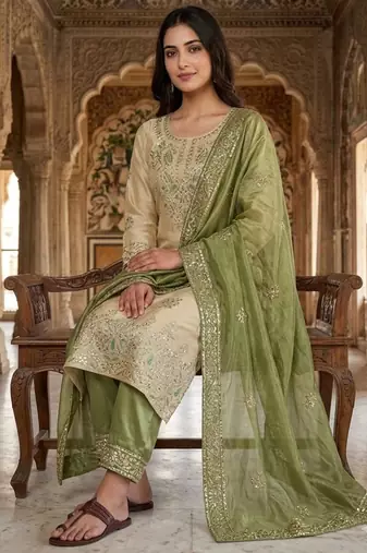 Beige silk blend embroidered palazzo set