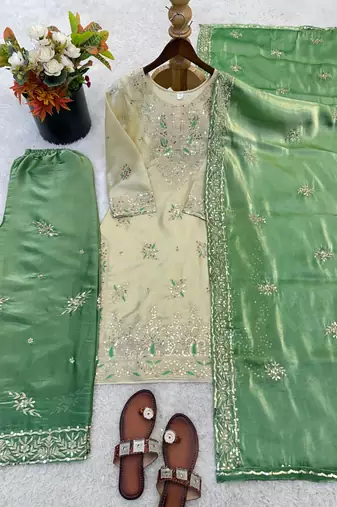 Beige silk blend embroidered palazzo set
