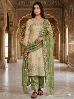 Beige silk blend embroidered palazzo set 4