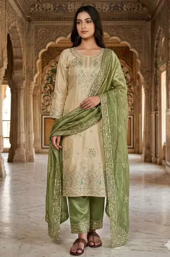 Beige silk blend embroidered palazzo set