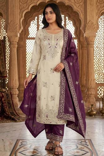 Beige silk blend embroidered palazzo set