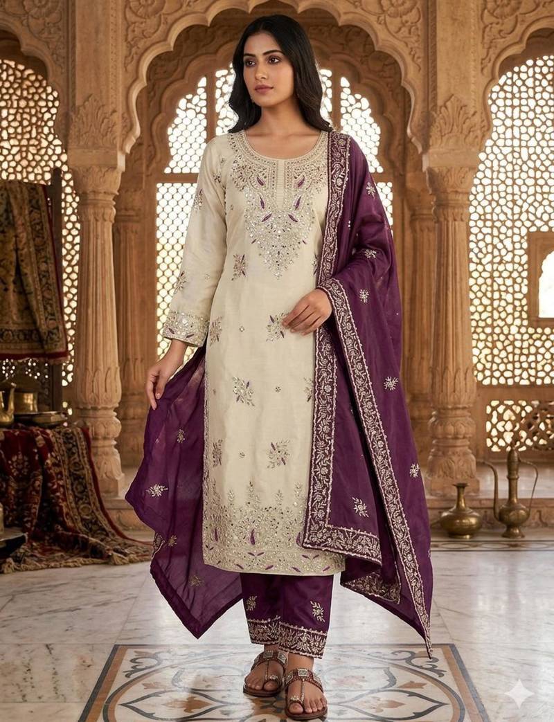 Beige silk blend embroidered palazzo set