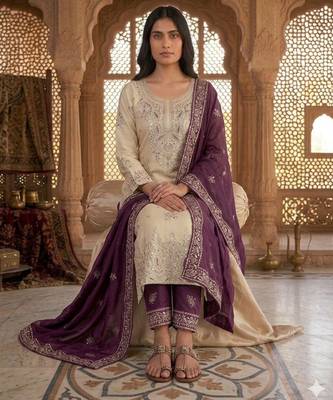 Beige silk blend embroidered palazzo set 2