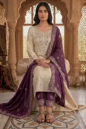 Beige silk blend embroidered palazzo set