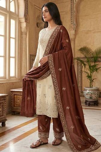 Beige silk blend embroidered palazzo set
