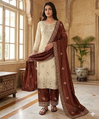 Beige silk blend embroidered palazzo set 2