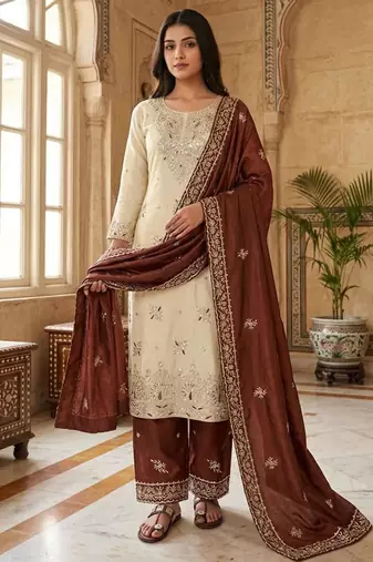 Beige silk blend embroidered palazzo set