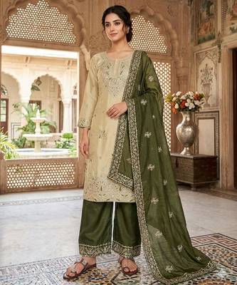 Beige silk blend embroidered palazzo set 1