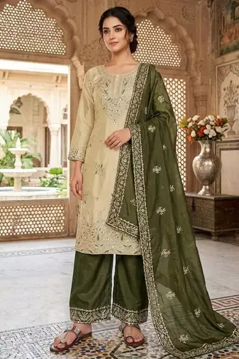 Beige silk blend embroidered palazzo set