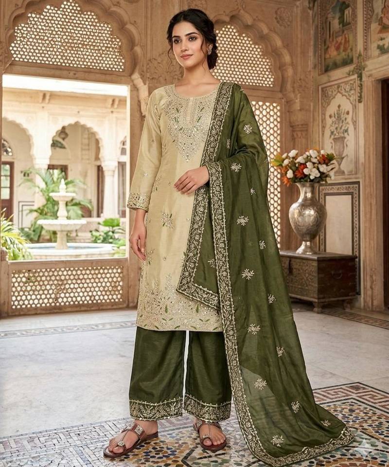 Beige silk blend embroidered palazzo set
