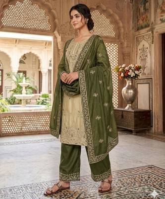 Beige silk blend embroidered palazzo set 2
