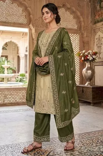 Beige silk blend embroidered palazzo set