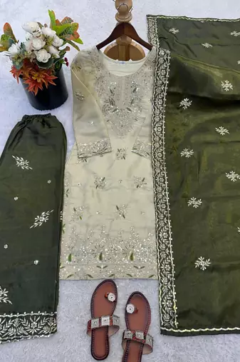 Beige silk blend embroidered palazzo set