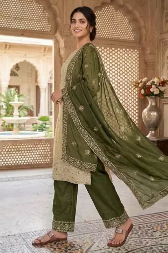 Beige silk blend embroidered palazzo set