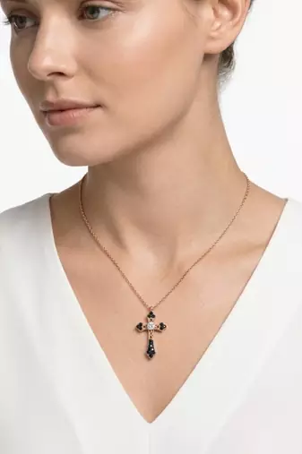 925 Sterling Silver Rose Gold Cross Pendant Necklace set Black & White CZ Religious Necklace set 