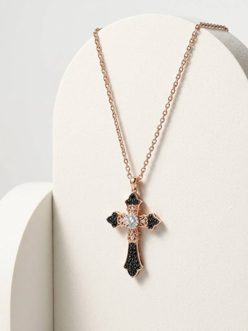 925 Sterling Silver Rose Gold Cross Pendant Necklace set Black & White CZ Religious Necklace set 