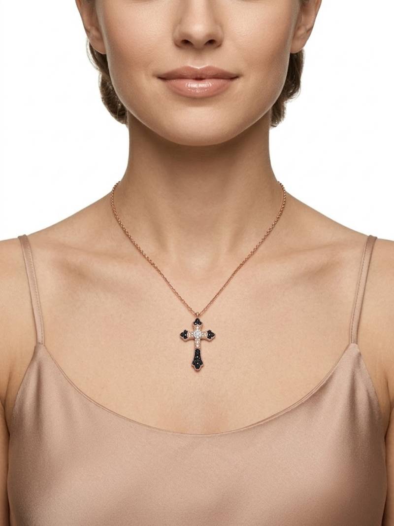925 Sterling Silver Rose Gold Cross Pendant Necklace set Black & White CZ Religious Necklace set 