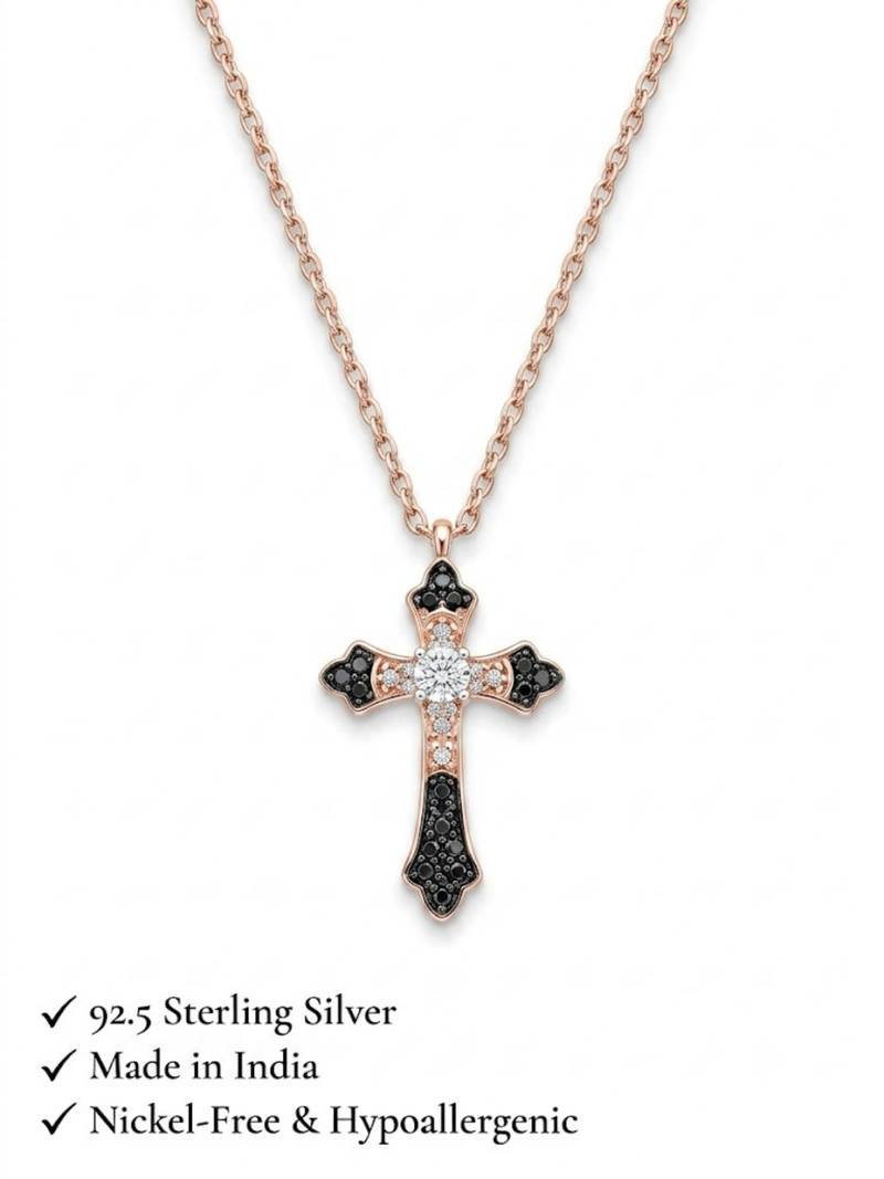 925 Sterling Silver Rose Gold Cross Pendant Necklace set Black & White CZ Religious Necklace set 