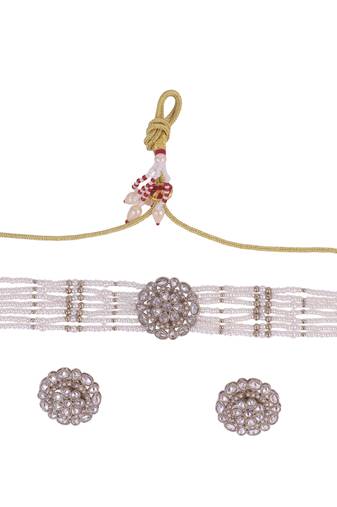 dazzling pearl round and flower shape silver plated collar necklace set for women