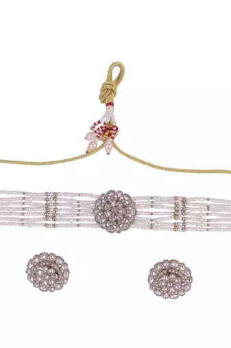 dazzling pearl round and flower shape silver plated collar necklace set for women