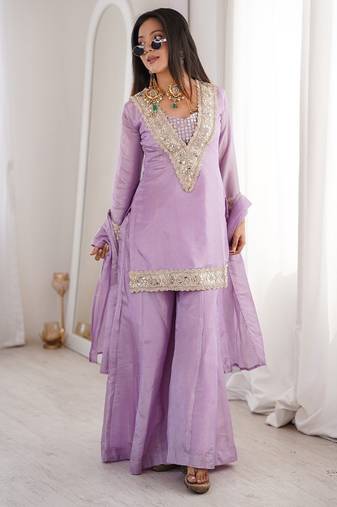 Lavender georgette embroidered salwar suit with dupatta