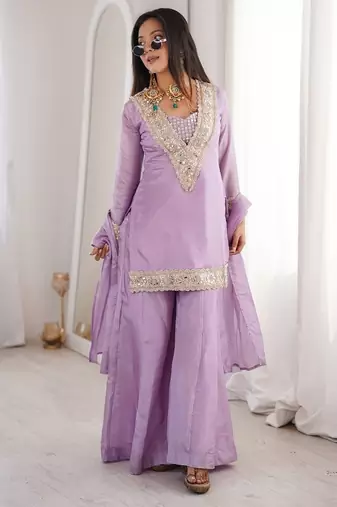 Lavender georgette embroidered salwar suit with dupatta
