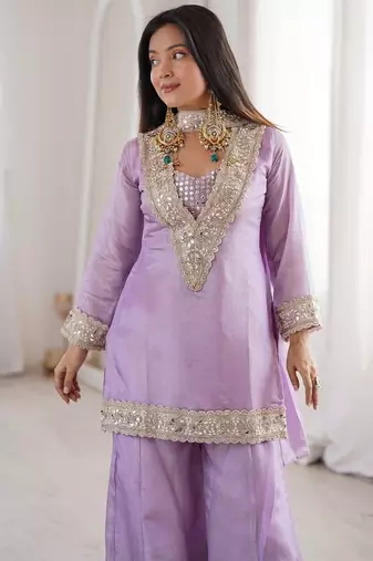 Lavender georgette embroidered salwar suit with dupatta