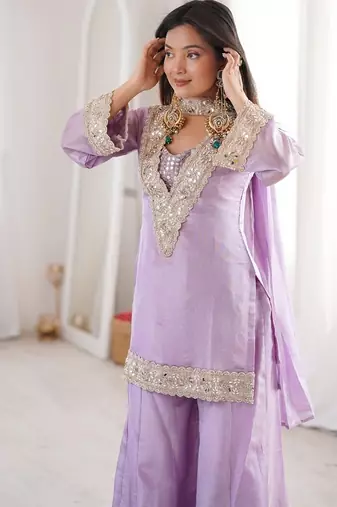 Lavender georgette embroidered salwar suit with dupatta