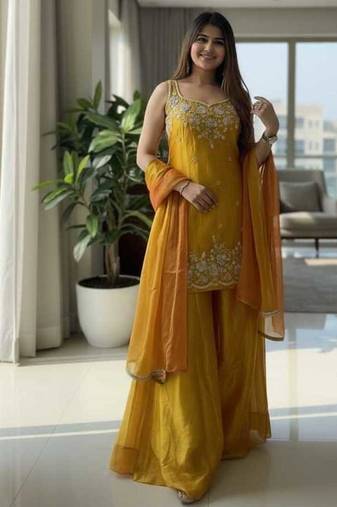 Yellow designer chartin embroidered salwar suit with dupatta