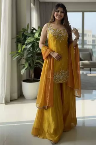 Yellow designer chartin embroidered salwar suit with dupatta