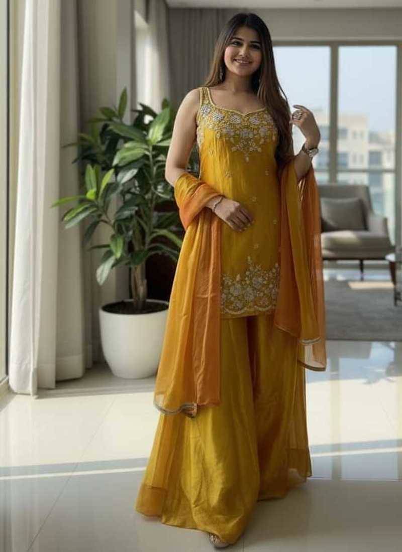 Yellow designer chartin embroidered salwar suit with dupatta