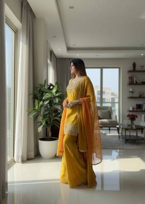 Yellow designer chartin embroidered salwar suit with dupatta 2