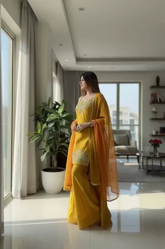 Yellow designer chartin embroidered salwar suit with dupatta