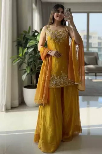 Yellow designer chartin embroidered salwar suit with dupatta