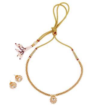 excellent round shape cz studded gold plated choker necklace set with maangikka for women 1
