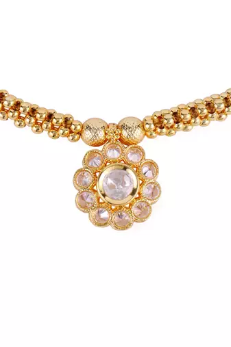 excellent round shape cz studded gold plated choker necklace set with maangikka for women