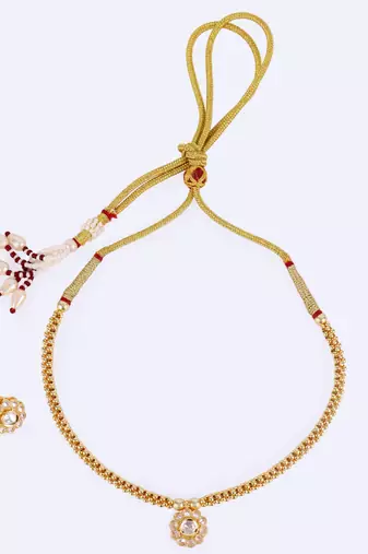 excellent round shape cz studded gold plated choker necklace set with maangikka for women
