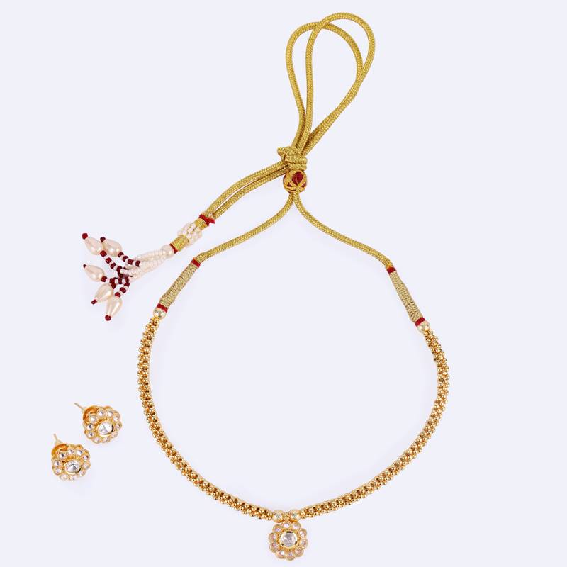 excellent round shape cz studded gold plated choker necklace set with maangikka for women