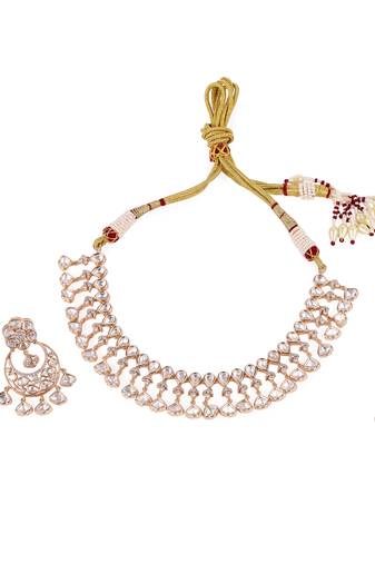 delightful oval shape uncut kundan stone 18 kt gold plated brass choker jewellery set for women