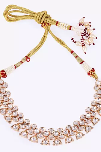 contemporary round shape uncut kundan stone 18 kt gold plated brass choker jewellery set for women