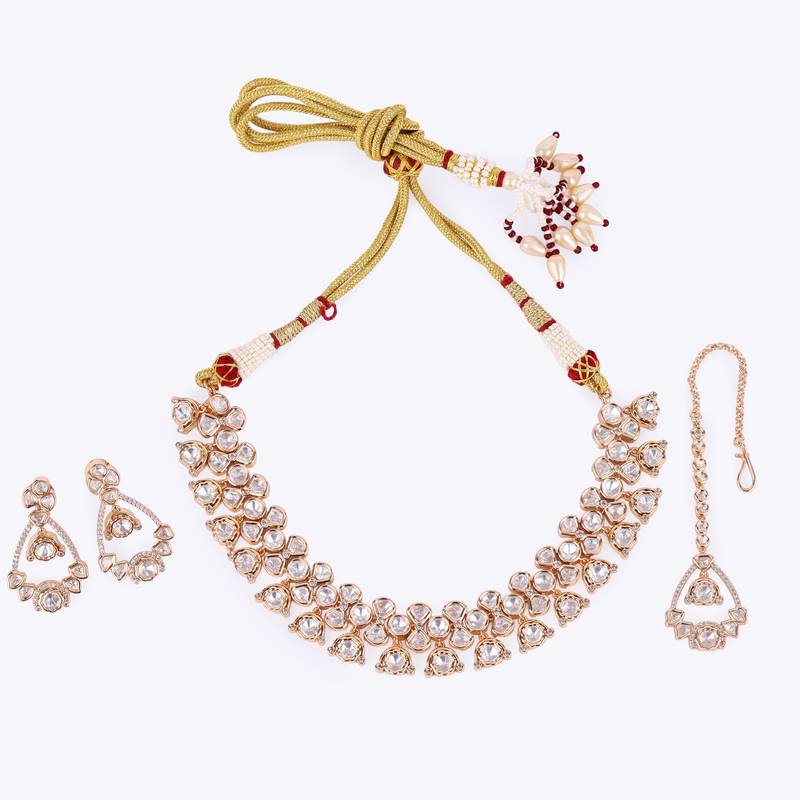 contemporary round shape uncut kundan stone 18 kt gold plated brass choker jewellery set for women