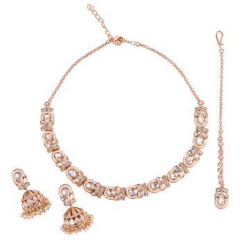 oval and leaf design uncut kundan stone 18 kt gold plated brass choker jewellery set for women 1