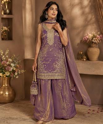 Lavender fandy silk blend embroidered kurti palazzo set with dupatta 1