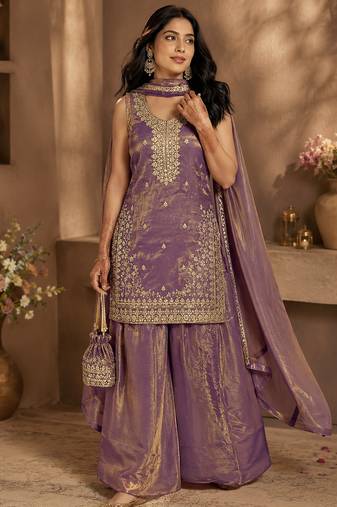 Lavender fandy silk blend embroidered kurti palazzo set with dupatta