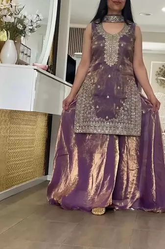 Lavender fandy silk blend embroidered kurti palazzo set with dupatta